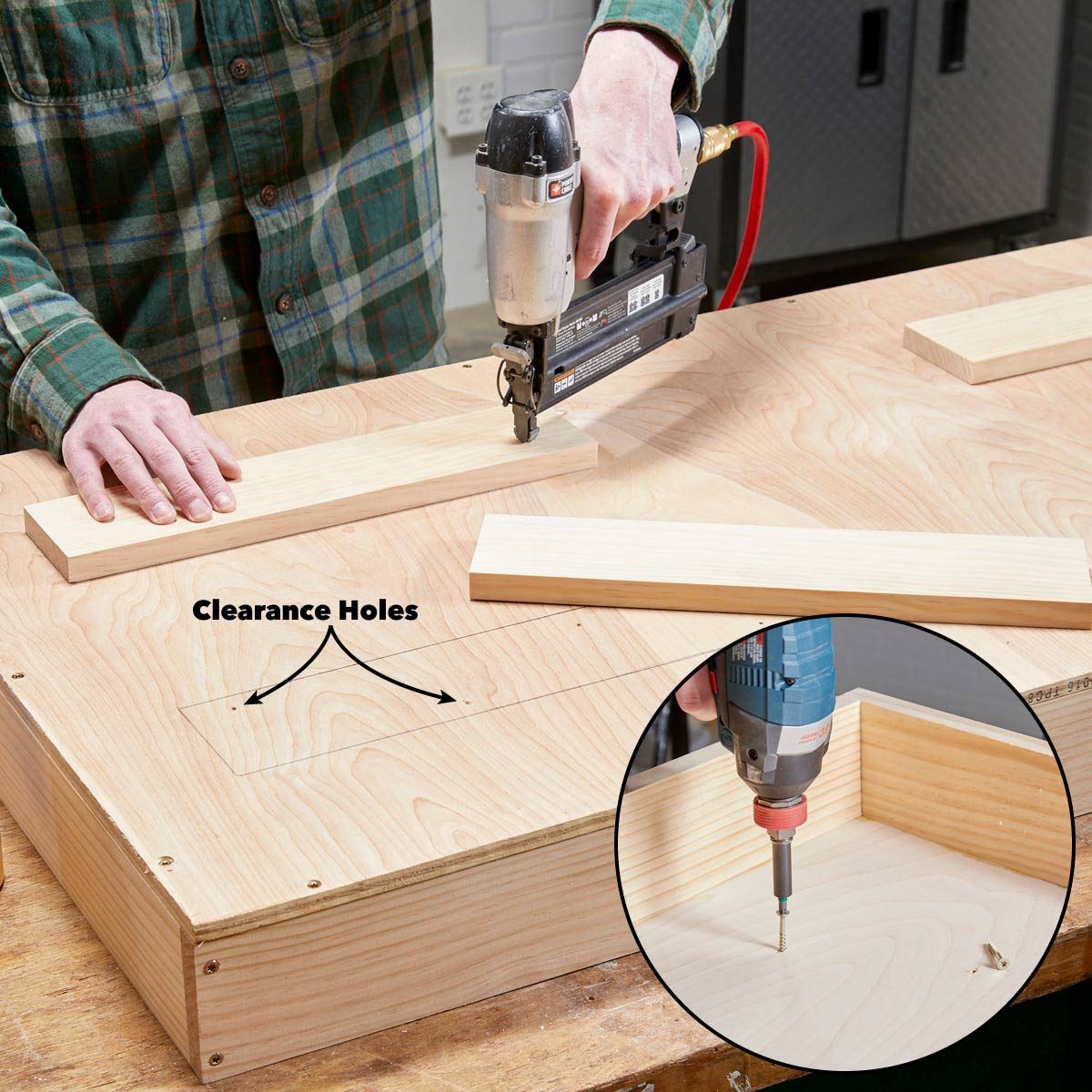 A person uses a nail gun to fasten wooden pieces on a workbench, while an inset shows a drill screwing into a wooden box.
