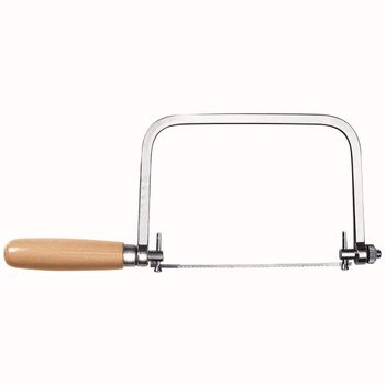 A coping saw with a wooden handle and a thin, taut blade is displayed against a plain background, designed for intricate cutting.