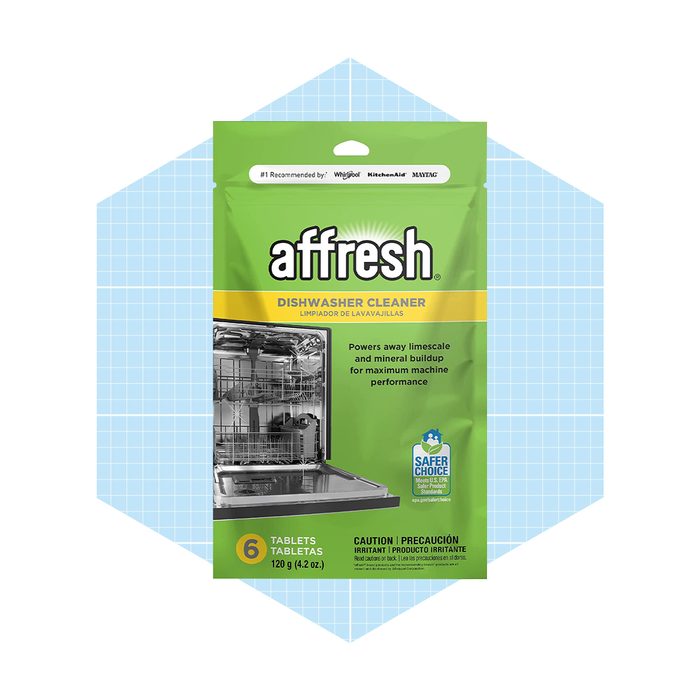 A green package of Affresh dishwasher cleaner displays its contents, six tablets, and promotes performance by eliminating limescale and mineral buildup in dishwashers.