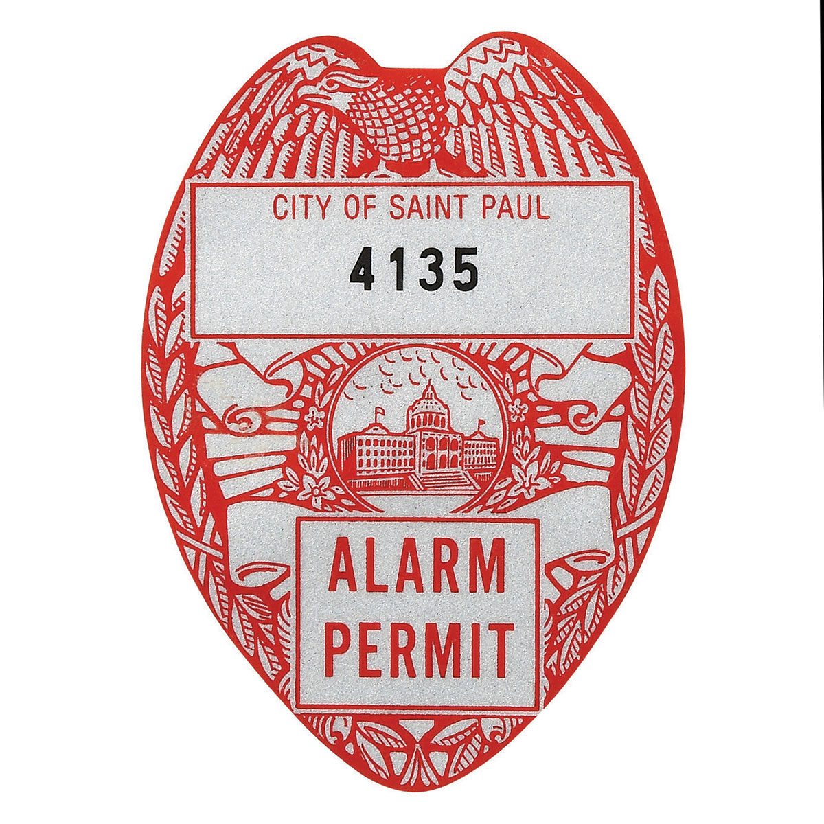 A decorative red badge displays the text "CITY OF SAINT PAUL," the number "4135," and "ALARM PERMIT," framed by an eagle and detailed designs.