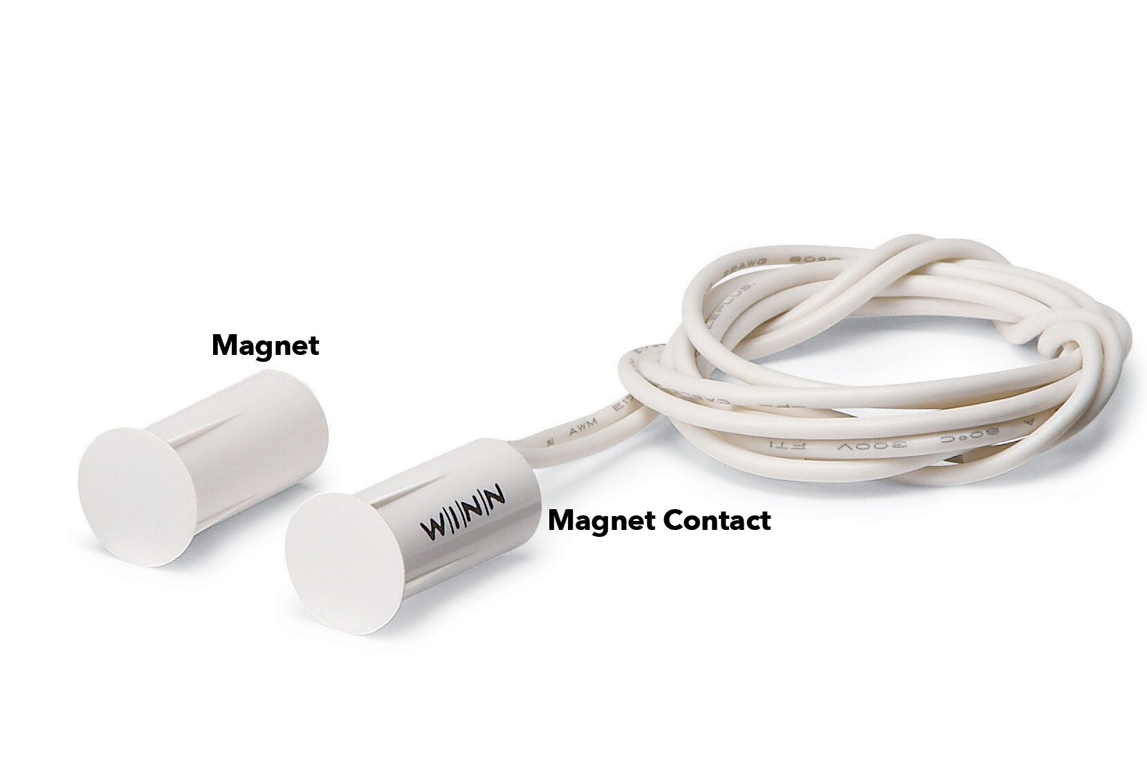 Two cylindrical magnets are connected by a white wire, labeled &ldquo;Magnet&rdquo; and &ldquo;Magnet Contact,&rdquo; typically used in sensor applications.