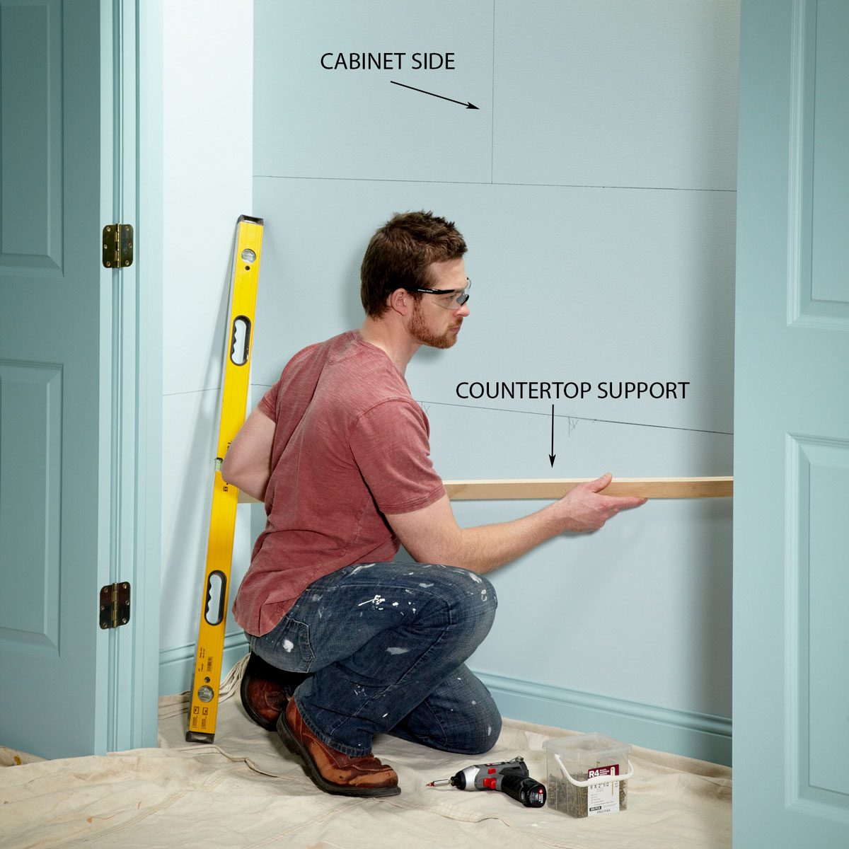 Mark the walls and attach the countertop supports