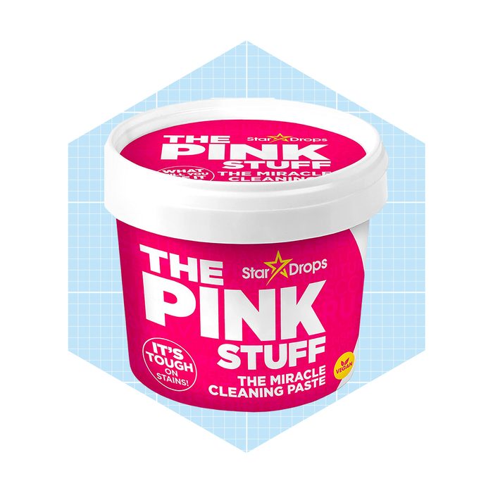 A pink container labeled 