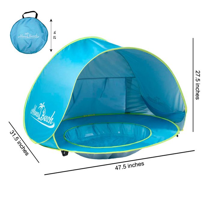 A blue beach tent is set up, providing shade and comfort. It features a rounded structure with an open front, measuring 47.5 inches wide.