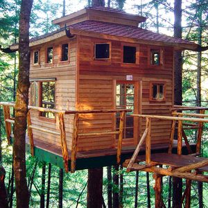 A wooden treehouse, elevated among trees, features multiple windows and a porch, creating a serene retreat in a forested environment.