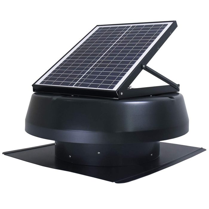 A solar-powered ventilator sits on a flat base, actively drawing air, designed for rooftops to enhance ventilation in buildings.