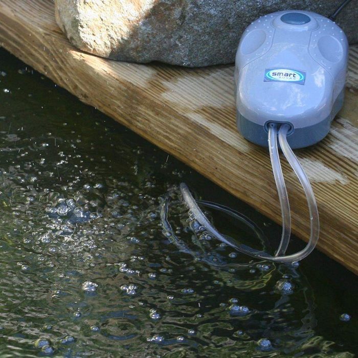 A gray pump sits on wooden decking, releasing air bubbles into water, creating ripples, with a nearby stone adding a natural element to the scene.