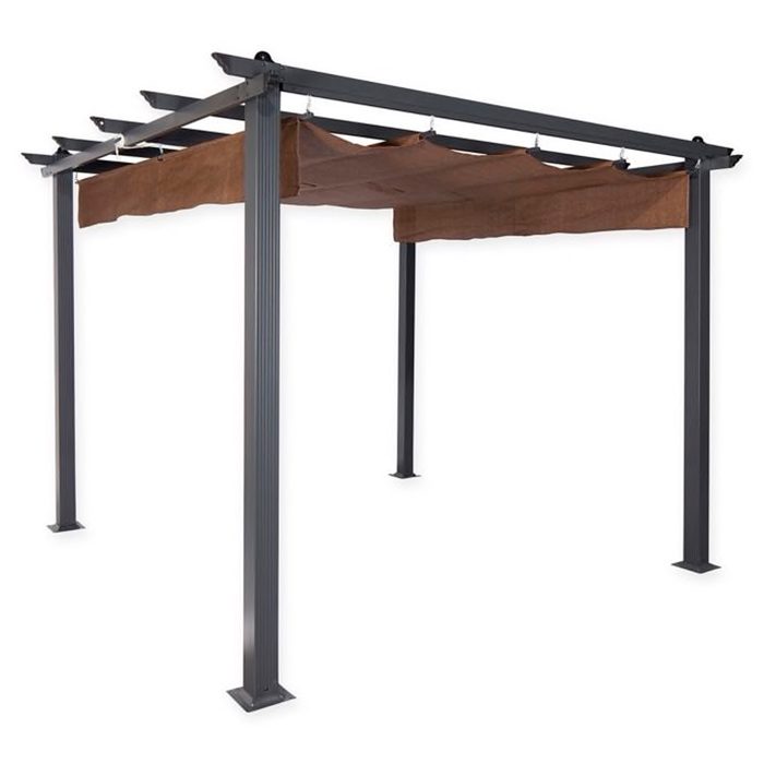 A metal pergola features a fabric canopy, suspended from overhead beams, providing shade in an outdoor setting. The structure has four vertical posts.
