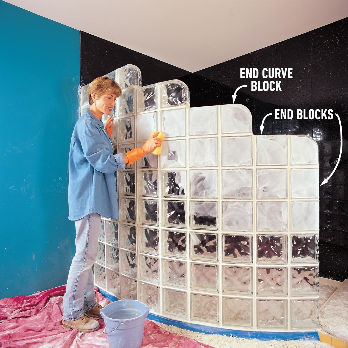 cleaning the block while installing a glass block shower