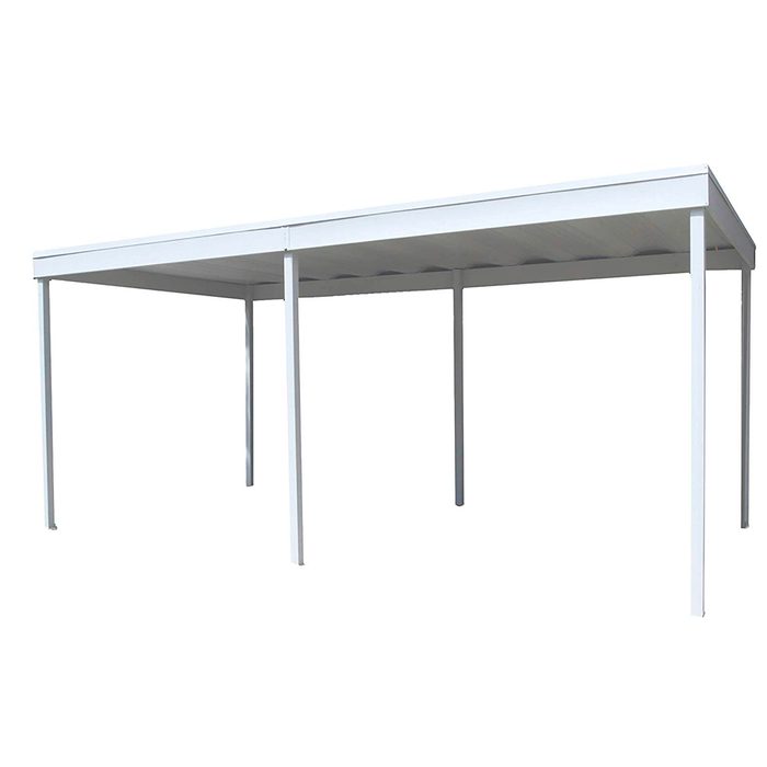 A large, rectangular canopy with a flat roof stands on metal legs, providing shade in an open area, likely for outdoor events or gatherings.