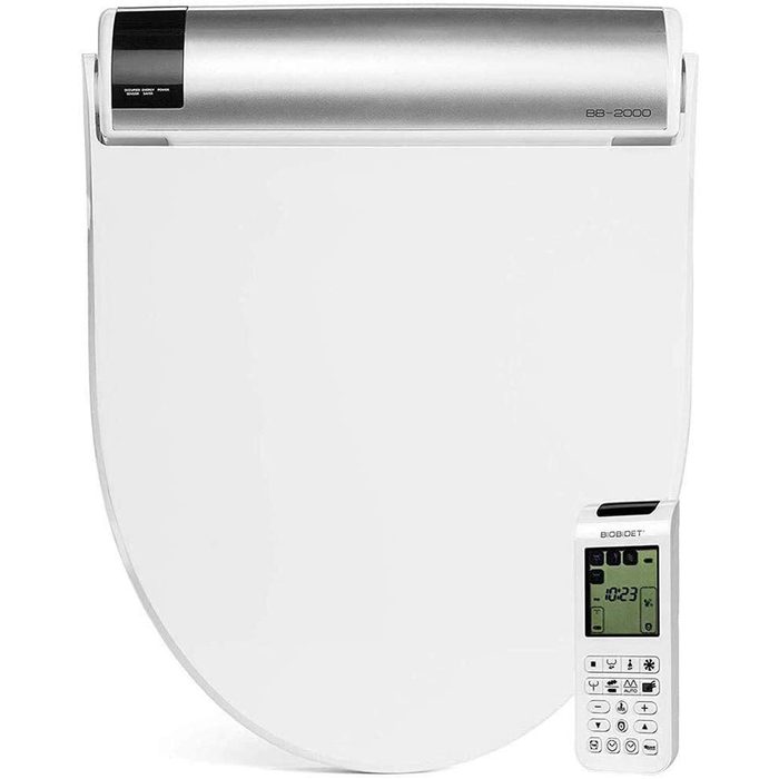 A modern toilet seat with integrated controls rests against a wall, featuring a sleek design and a remote for various functionalities.
