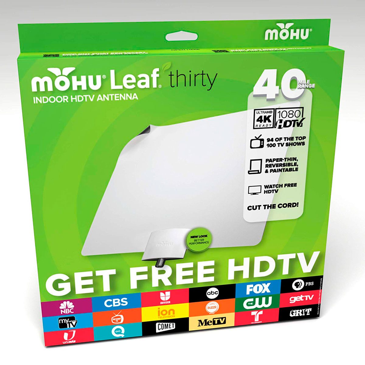 A green packaging box displays an indoor HDTV antenna. It promotes features like being paper-thin and capable of receiving free HDTV signals from various networks.