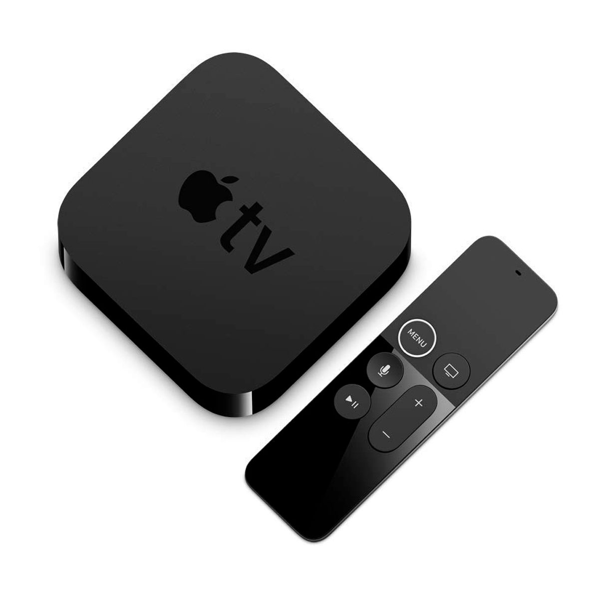 A black Apple TV device sits beside a sleek black remote control, both designed for streaming media, set against a simple white background.