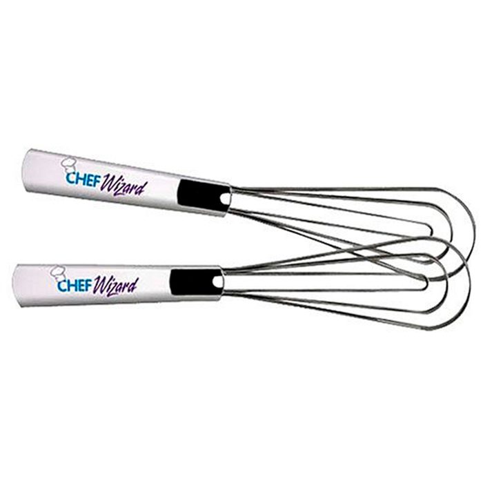 Two stainless steel whisks with white and black handles are crossed, designed for mixing ingredients in a kitchen setting.
