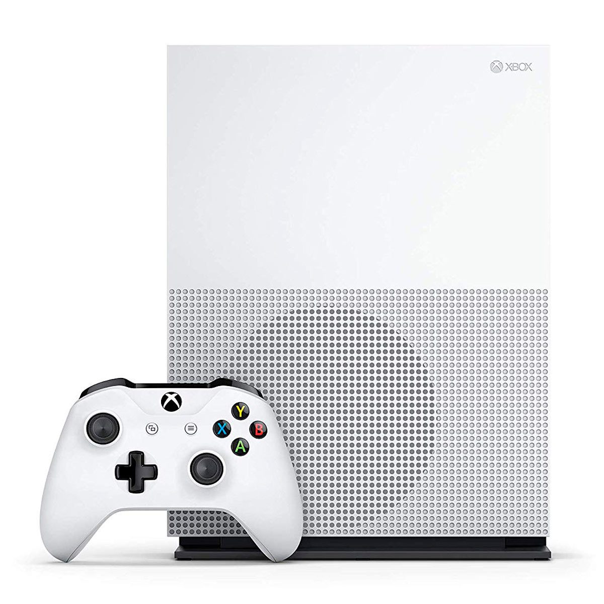 A white gaming console with a dotted texture rests beside a matching controller, set against a plain background, suggesting a gaming environment.