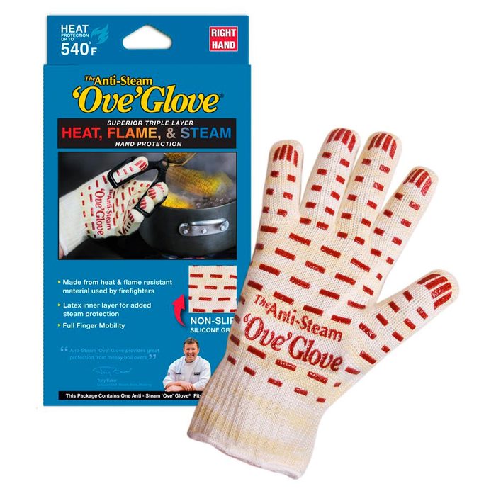 A red and white hand glove is displayed, designed for heat protection, with text highlighting its flame-resistant material, intended for safe handling of hot items.