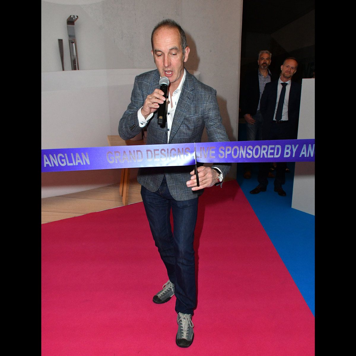 Kevin McCloud cuts a ribbon at Grand Designs Live launch, London, UK - 29 Apr 2017