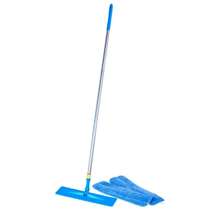 A blue mop with a long handle stands next to two blue microfiber cleaning pads on a white background, indicating a cleaning setup.