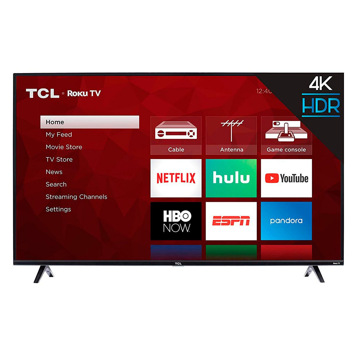 A television displays a home screen with various streaming options like Netflix and Hulu, set against a vibrant red background.