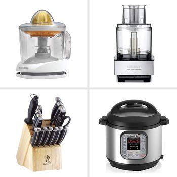 Four kitchen appliances are displayed: a juicer, a food processor, a knife block with six knives, and a multi-cooker, all arranged in a grid format.