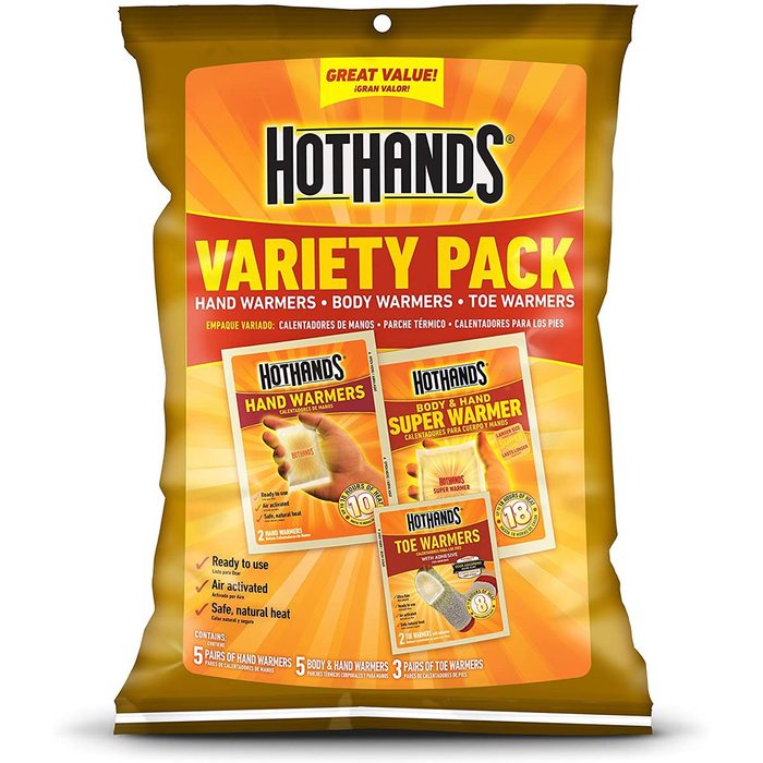 A brightly colored packaging displays Hothands Variety Pack, containing hand warmers, body warmers, and toe warmers, emphasizing ease of use and air activation.