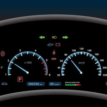 A vehicle dashboard displays gauges showing RPM and speed. Indicators suggest statuses such as 4WD and service inspection in a dark setting.