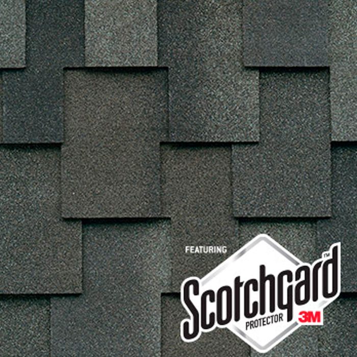 Dark, textured shingles are arranged in a layered pattern, showcasing their surface. A logo reading 