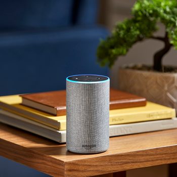 A smart speaker sits on a wooden table, surrounded by stacked books, with a green plant nearby, in a cozy interior setting.