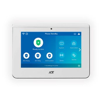 A white touchscreen security panel displays options for home automation and security settings, indicating "Ready to Arm" with a prompt to "Please Standby."