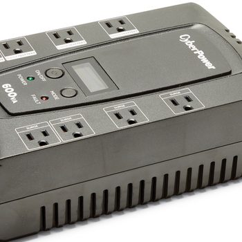 A black surge protector features multiple outlets, a power control panel, and an LED display for monitoring, positioned on a clean, white surface.