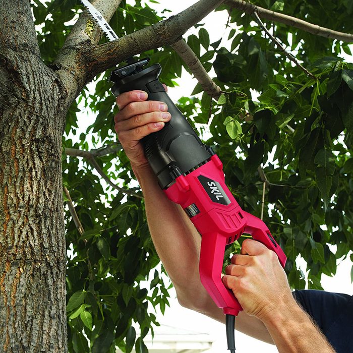 A person uses a red and black reciprocating saw to trim a tree branch while surrounded by green foliage and a wooden tree trunk.