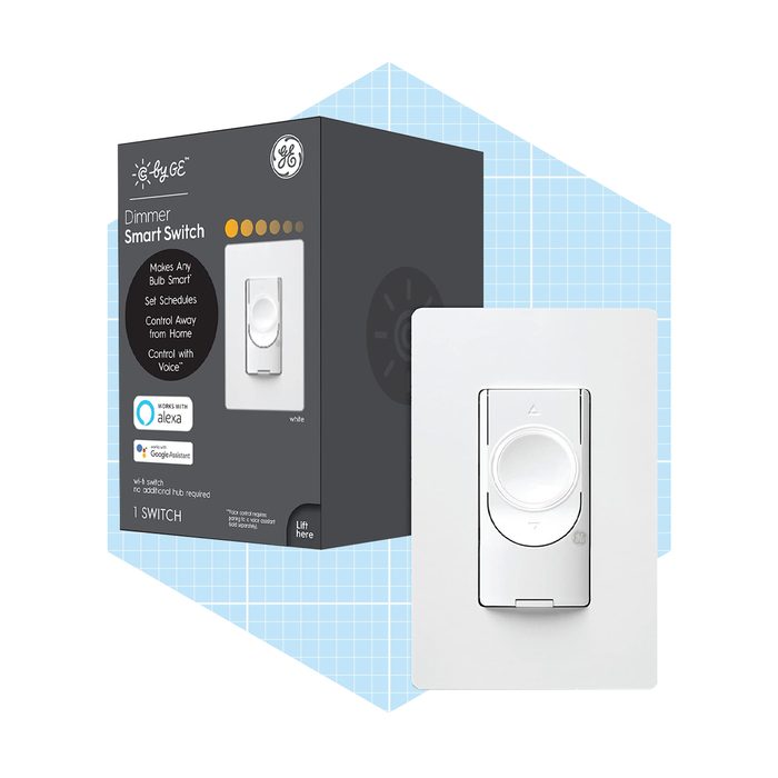 A smart dimmer switch is displayed next to its packaging, featuring a dial for light adjustment, set against a light blue grid background.