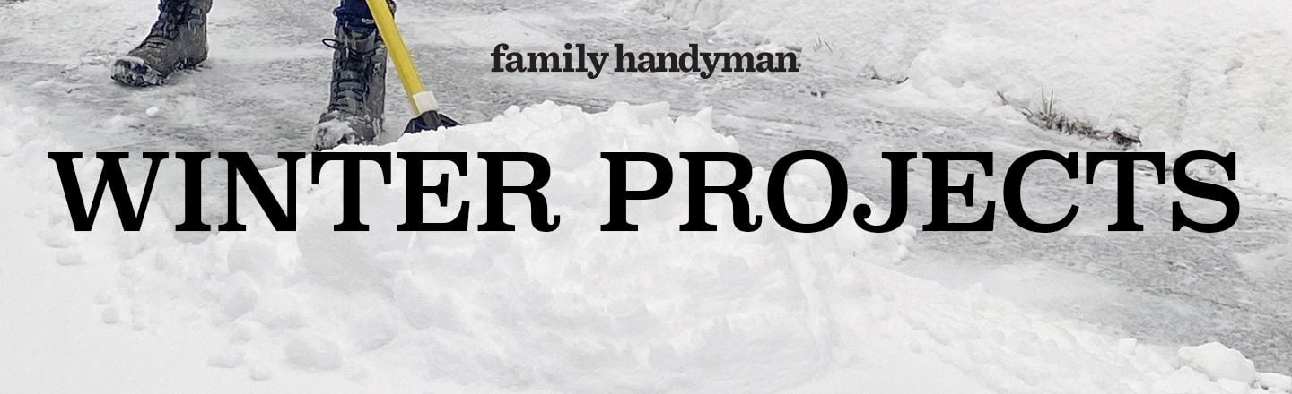 A person shovels snow with a yellow shovel, clearing a pathway in a snowy environment, emphasizing winter maintenance tasks. Text reads, "WINTER PROJECTS."