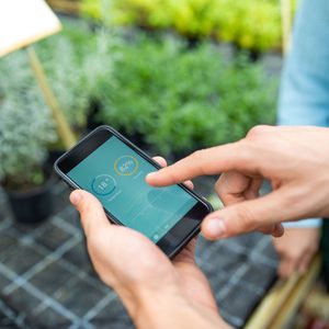 A hand interacts with a smartphone displaying temperature and humidity readings. In the background, greenery suggests a gardening or greenhouse setting.
