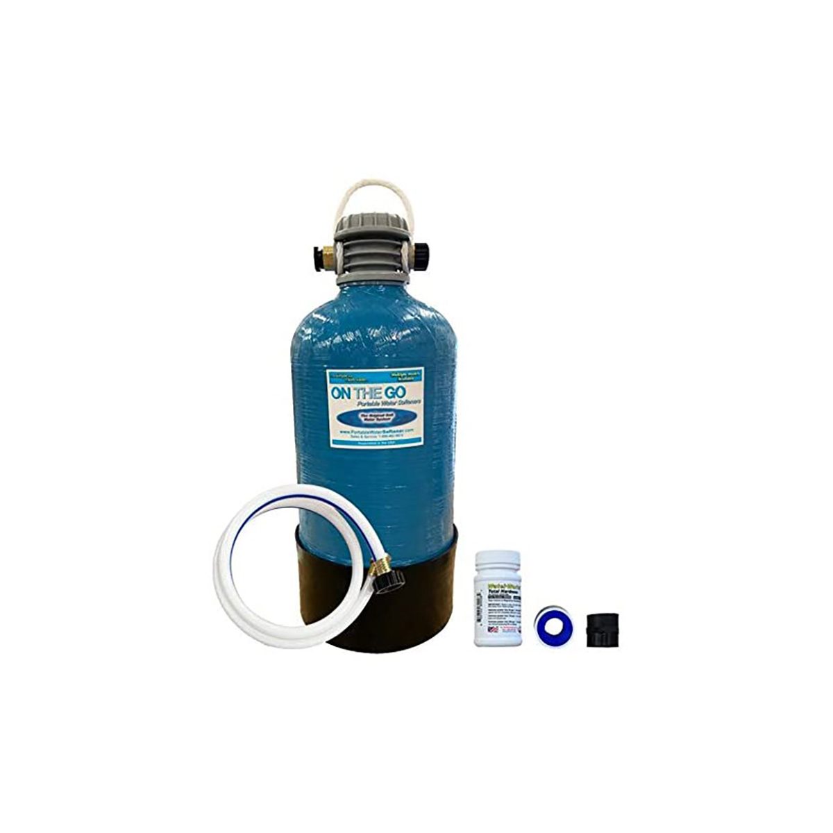 A blue water filtration tank stands upright with a hose and additional accessories beside it, designed for portable water purification.