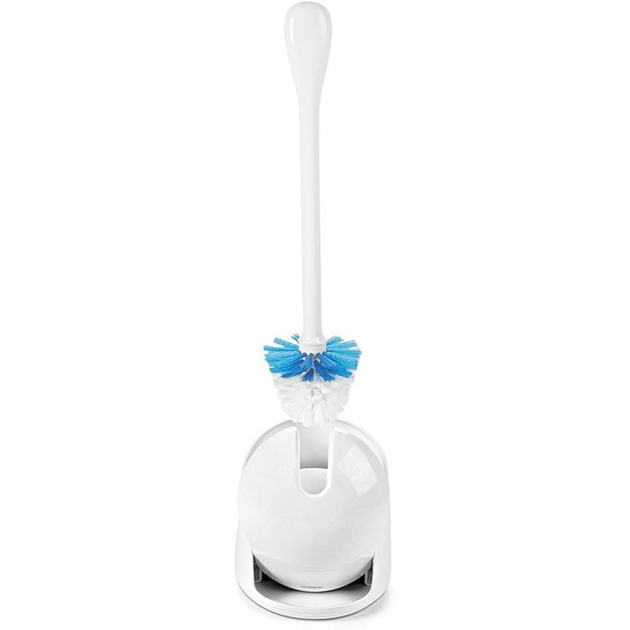 A toilet brush with a blue and white bristle head stands in a white holder, designed for cleaning in a bathroom environment.