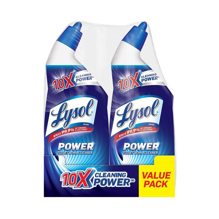Two bottles of Lysol toilet bowl cleaner are packaged together, showcasing cleaning power claims. They are set against a plain background.