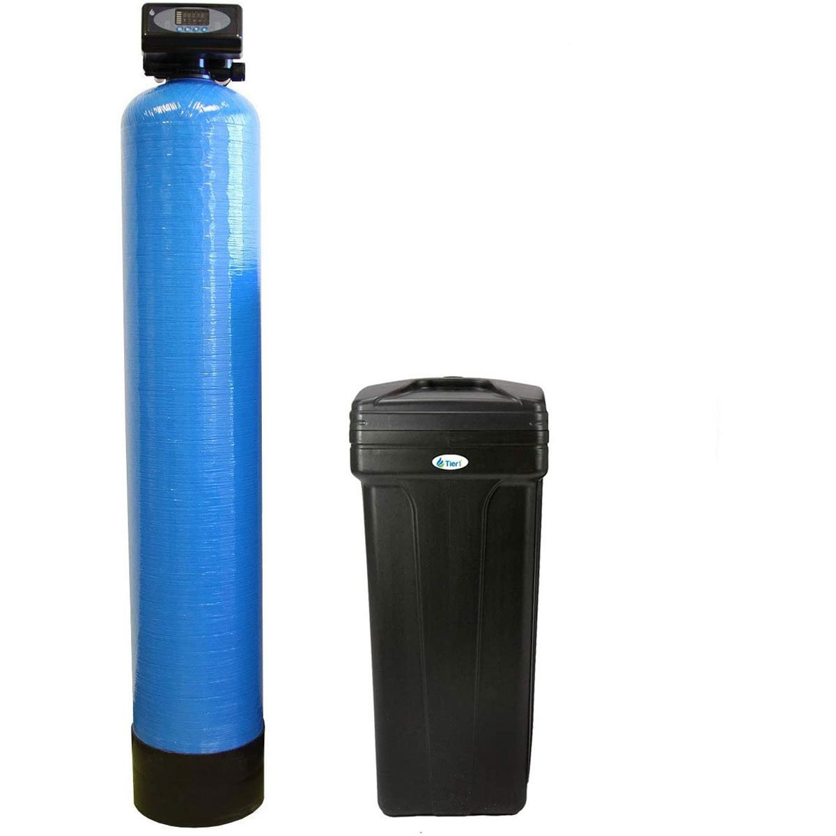 A tall blue water filtration tank stands next to a black storage container, both on a neutral background, suggesting a setup for water treatment.