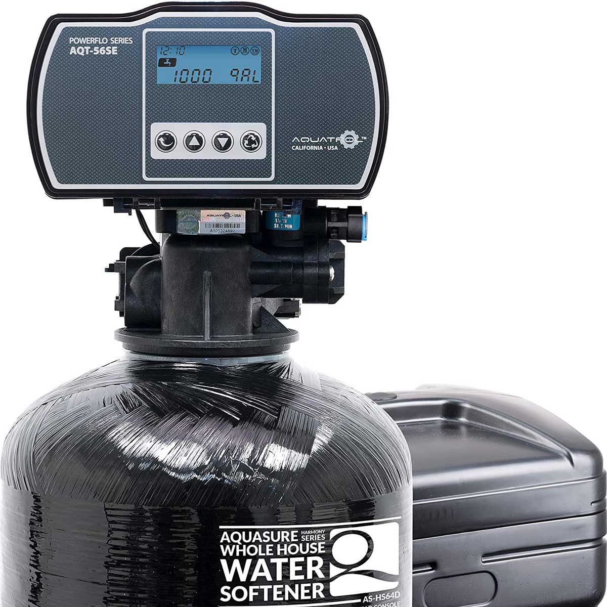 A water softener system features a digital control panel on a cylindrical tank, processing water in a household context, emphasizing efficiency and maintenance.