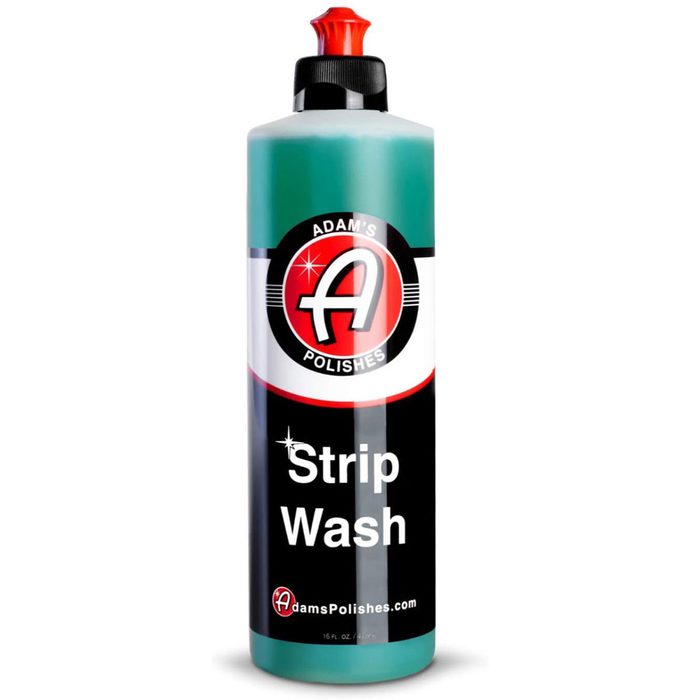 A green bottle labeled "Strip Wash" is positioned upright, featuring a red cap and logo for "Adam