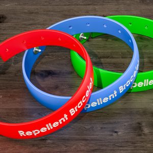 Three colorful bracelets (red, blue, green) labeled 