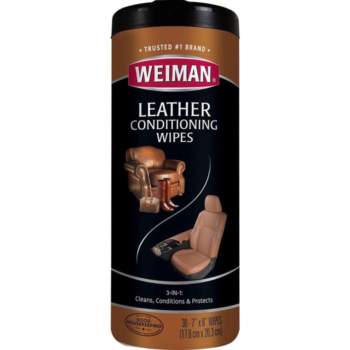 A cylindrical container displays leather conditioning wipes, promoting care for leather furniture, shoes, and car seats. It highlights cleaning, conditioning, and protecting features.