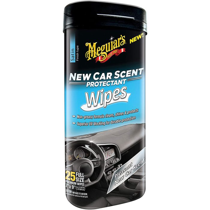 A container of car cleaning wipes is displayed, labeled for protecting surfaces with a "new car scent." It
