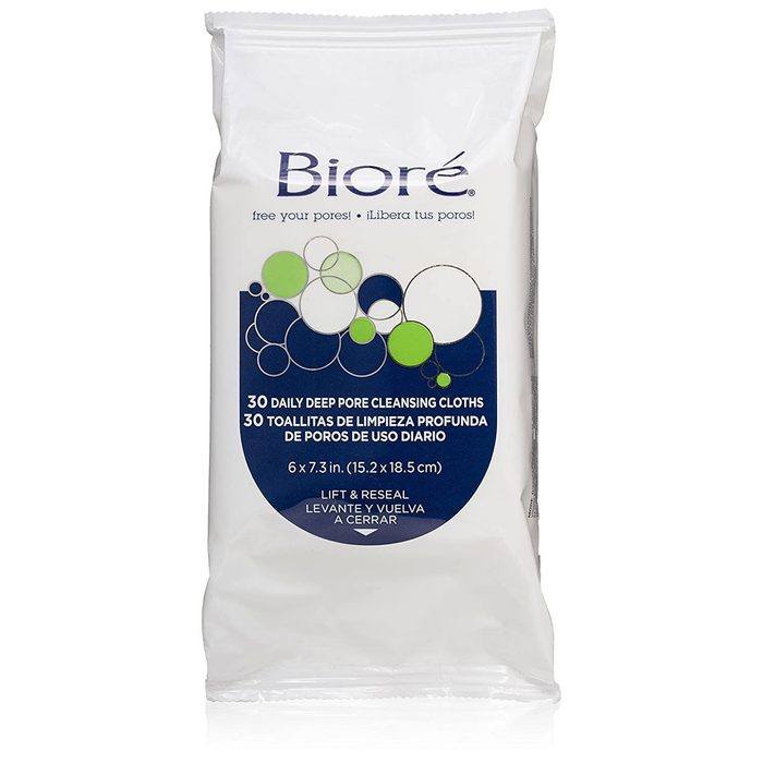A package of Bioré daily deep pore cleansing cloths contains 30 wipes, designed for facial cleaning, featuring a resealable closure and colorful bubble graphics.