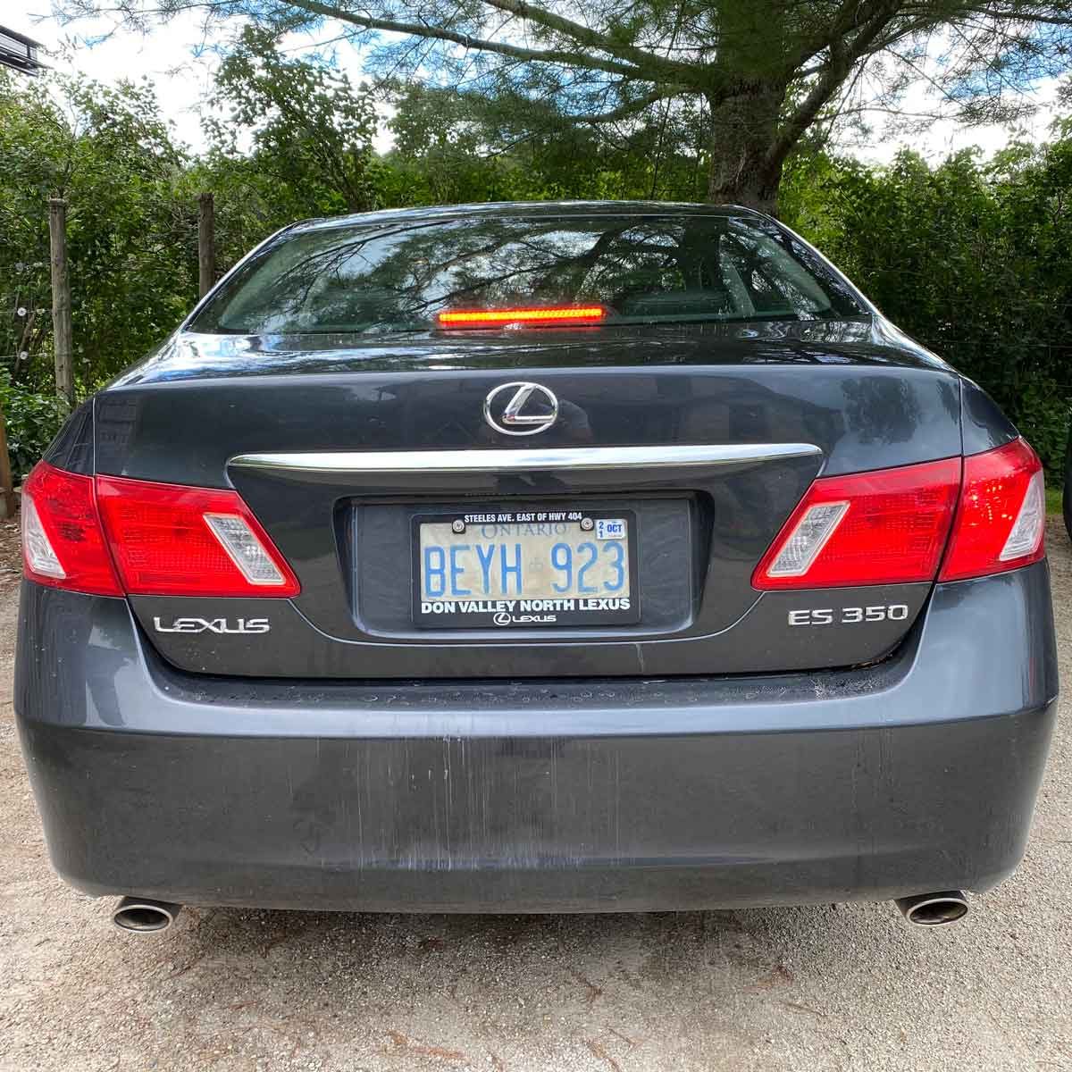 A gray Lexus ES 350 is parked, displaying its rear. The environment is green with trees, and there&rsquo;s a visible license plate.