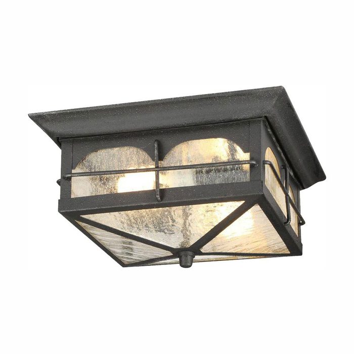 A black metal ceiling light with frosted glass panels illuminates a space, adding a decorative touch suitable for indoor or outdoor areas.