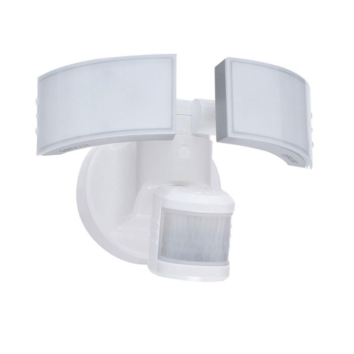 A dual-head security light is mounted on a wall, equipped with a motion sensor, designed to illuminate outdoor areas when detecting movement.