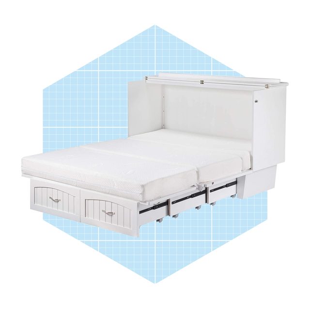 A white foldable bed with a mattress pulls out from a cabinet, featuring storage drawers underneath, displayed against a light blue grid-patterned background.