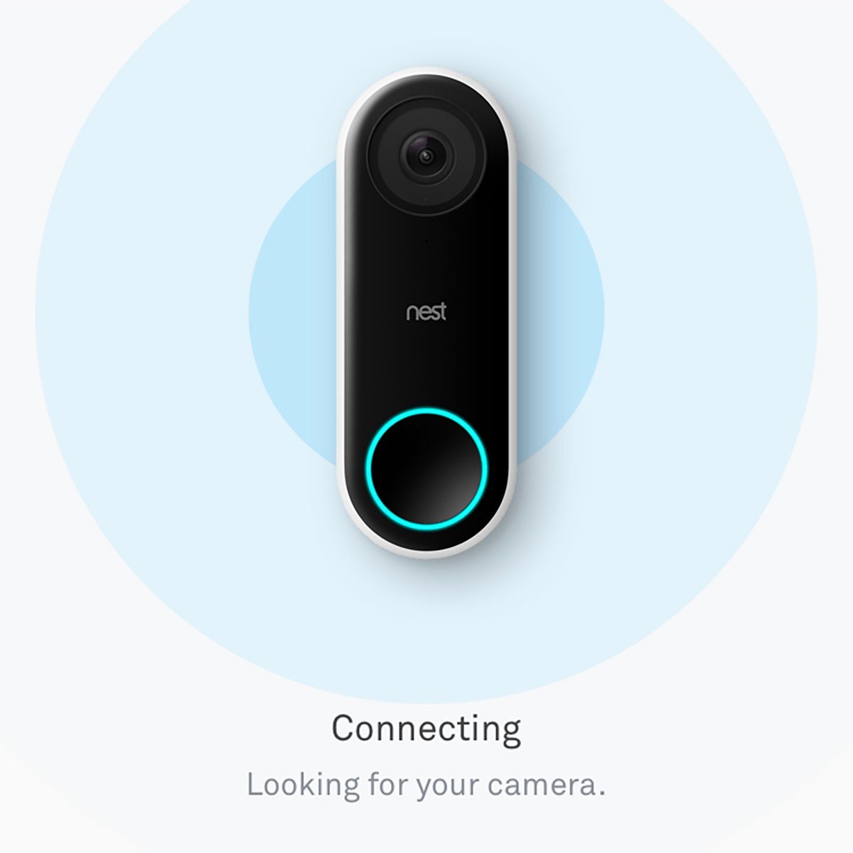 A sleek doorbell device displays a connecting status with a circular blue light, set against a light background, indicating it's searching for a camera.