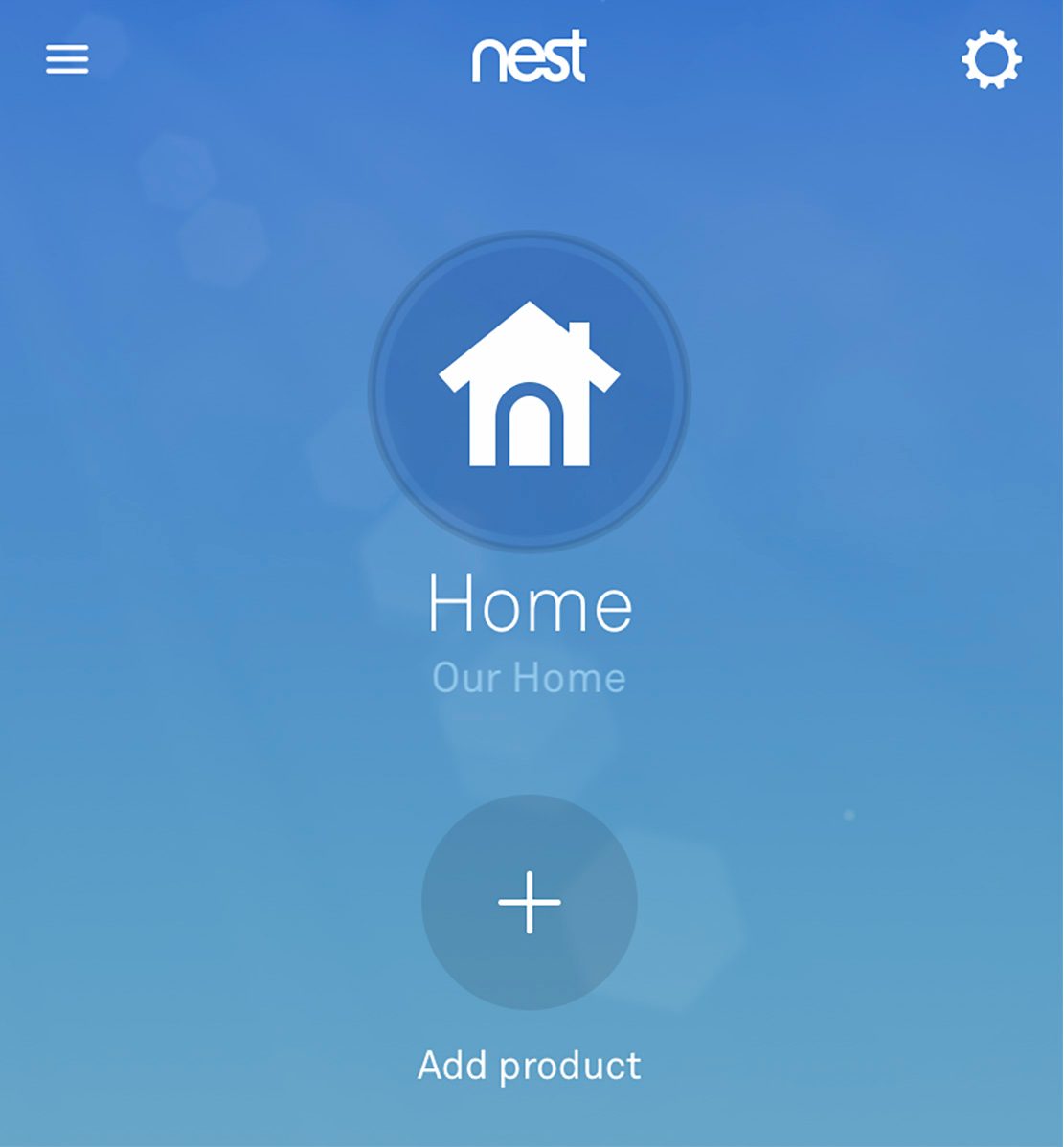 A smartphone screen displays a simple app interface featuring a house icon, labeled "Home," with an option to "Add product" against a blue background.